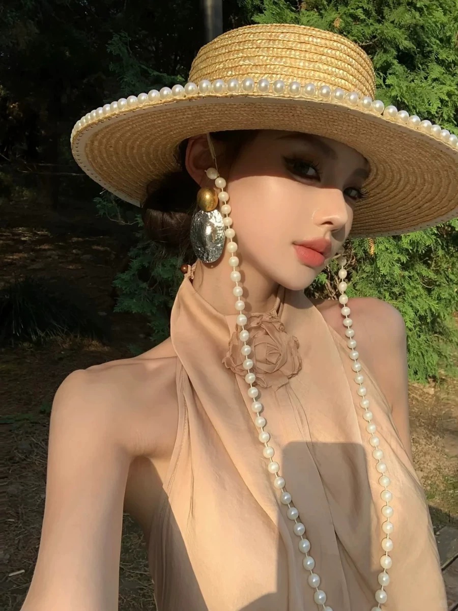 Cowboy Hat Straw - Nova moda verão pérola corrente chapéu